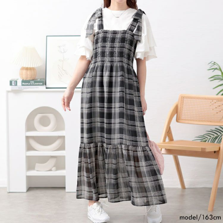 大きいサイズ レディース チェック柄肩リボンワンピース　tani-36818ll