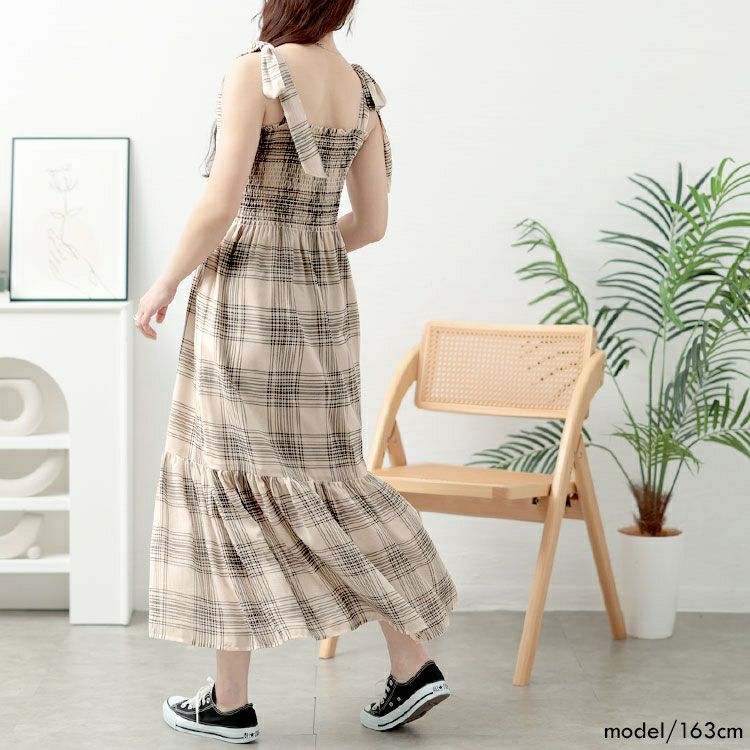 大きいサイズ レディース チェック柄肩リボンワンピース　tani-36818ll