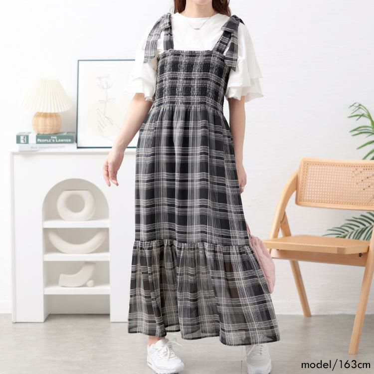 大きいサイズ レディース チェック柄肩リボンワンピース　tani-36818ll ブラック