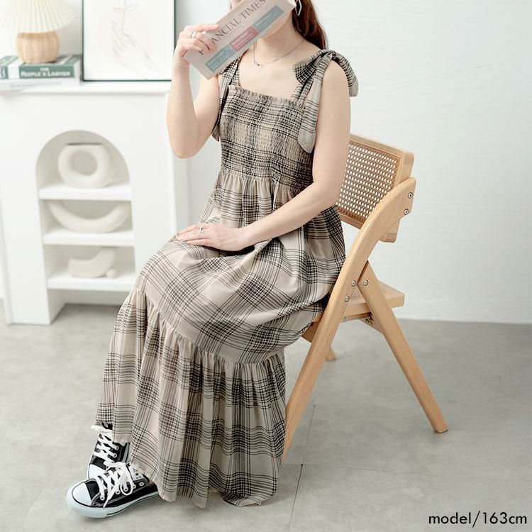 大きいサイズ レディース チェック柄肩リボンワンピース　tani-36818ll ベージュ