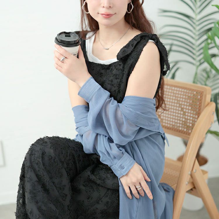 大きいサイズ レディース フェザージャガード肩リボンサロペットパンツ　tani-36806ll