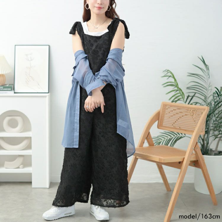 大きいサイズ レディース フェザージャガード肩リボンサロペットパンツ　tani-36806ll