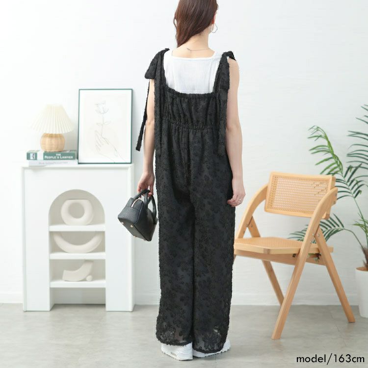 大きいサイズ レディース フェザージャガード肩リボンサロペットパンツ　tani-36806ll