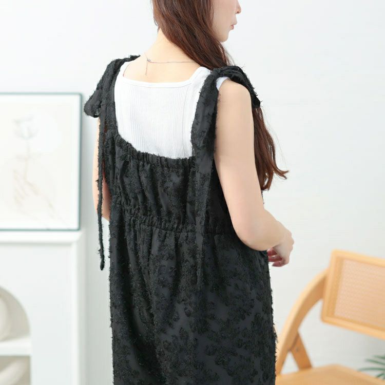 大きいサイズ レディース フェザージャガード肩リボンサロペットパンツ　tani-36806ll