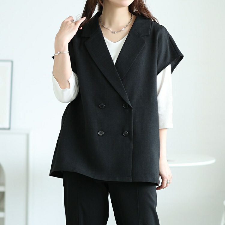 大きいサイズ レディース 麻調テーラードジレ　tani-36767ll【メール便可】