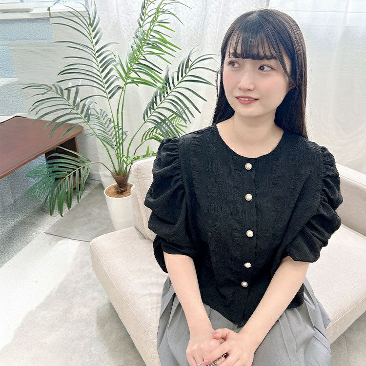 大きいサイズ レディース パールボタンパワショルブラウス　tani-36579ll