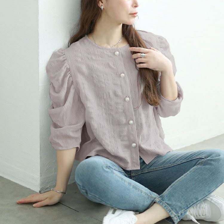 大きいサイズ レディース パールボタンパワショルブラウス　tani-36579ll