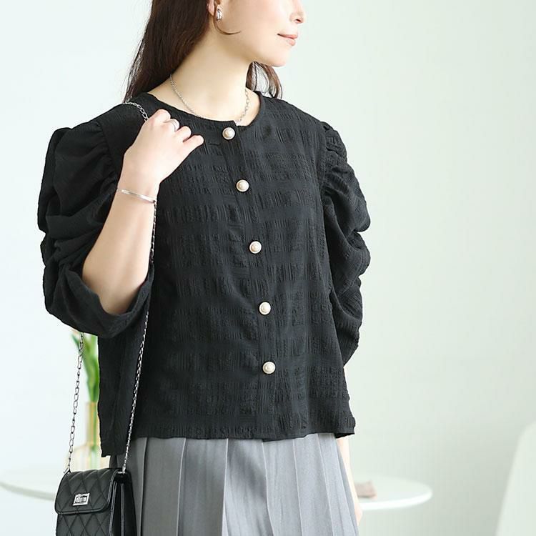 大きいサイズ レディース パールボタンパワショルブラウス　tani-36579ll ブラック