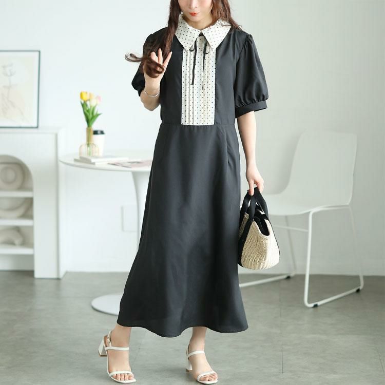 大きいサイズ レディース ドットピンタック切り替えリボンワンピース　tani-36136ll ブラック