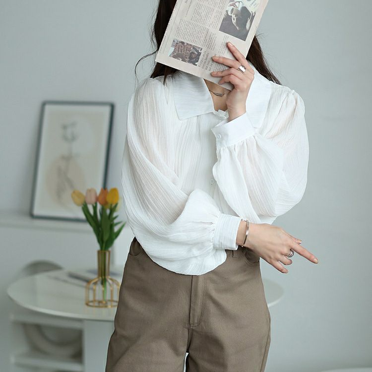 大きいサイズ レディース ボリュームスリーブシワ加工シアーシャツ　jp523【メール便可】