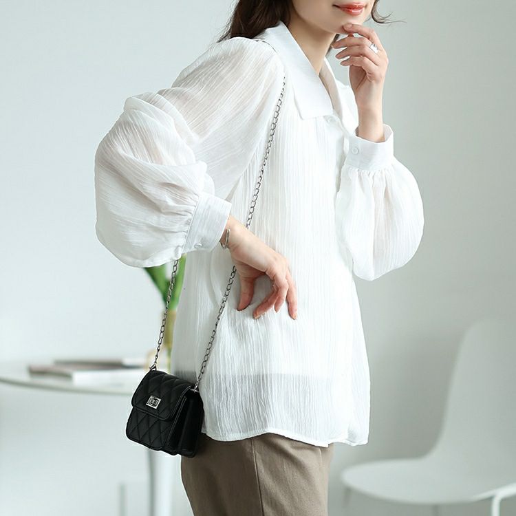 大きいサイズ レディース ボリュームスリーブシワ加工シアーシャツ　jp523【メール便可】