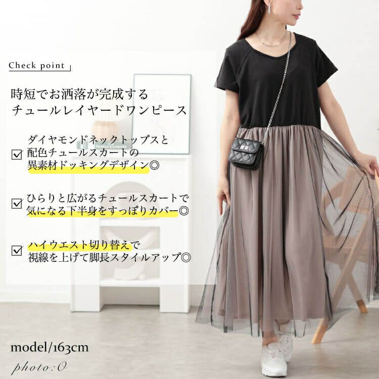 大きいサイズ レディース 配色チュールドッキングワンピース　jp526