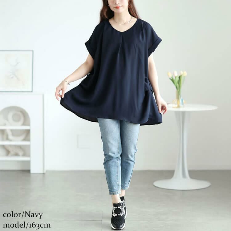 大きいサイズ レディース バックプリーツタックドルマンチュニック　jp522【メール便可】 ネイビー