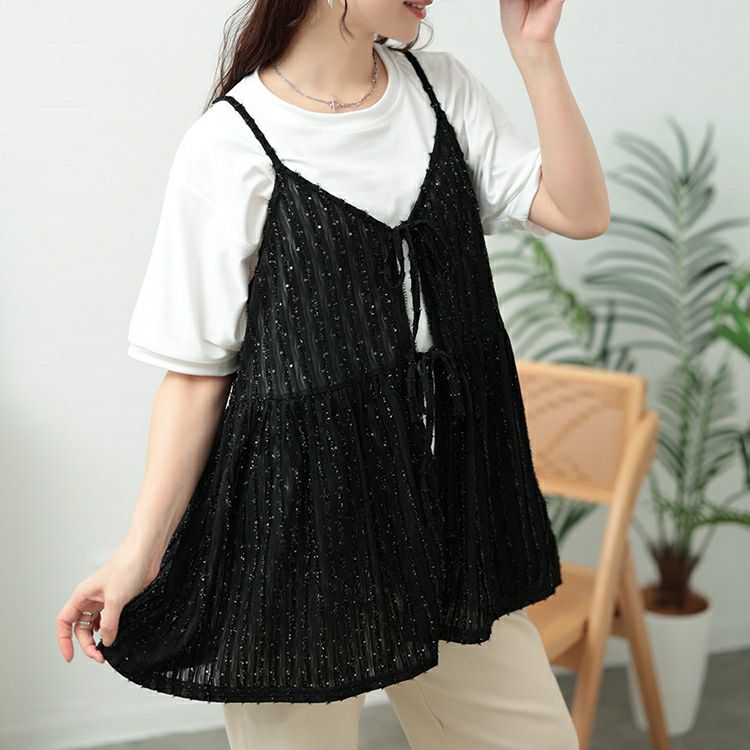 大きいサイズ レディース ラメストライプリボンキャミチュニック　jp532【メール便可】