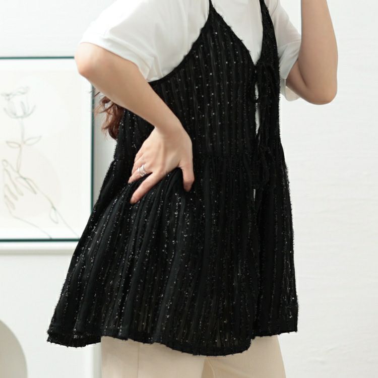 大きいサイズ レディース ラメストライプリボンキャミチュニック　jp532【メール便可】