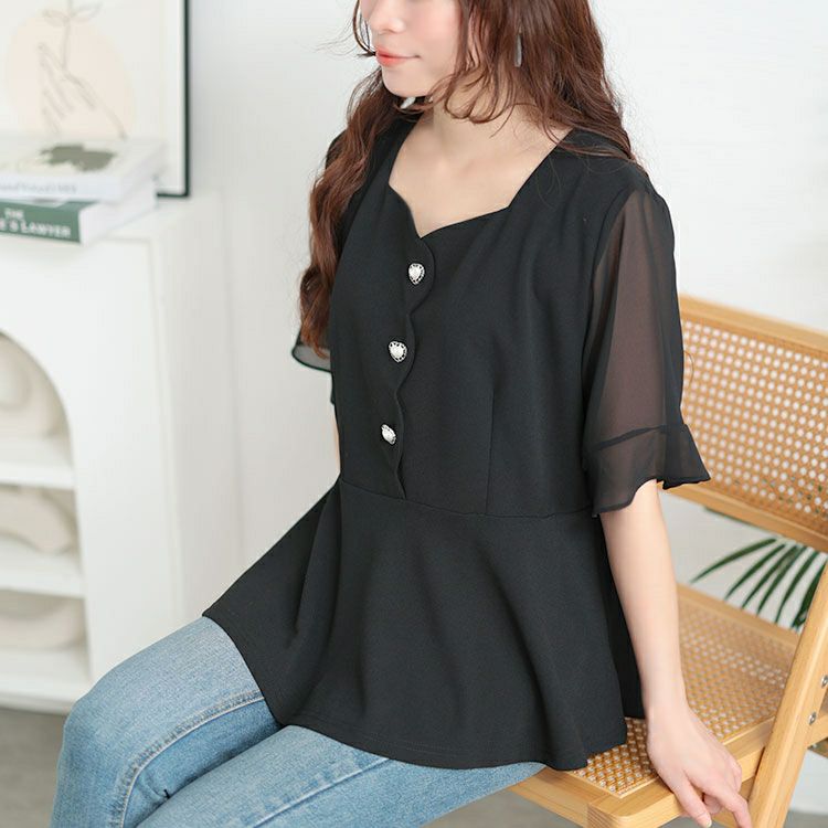 大きいサイズ レディース ハートネックパールボタンペプラムトップス　goldy-1662【メール便可】