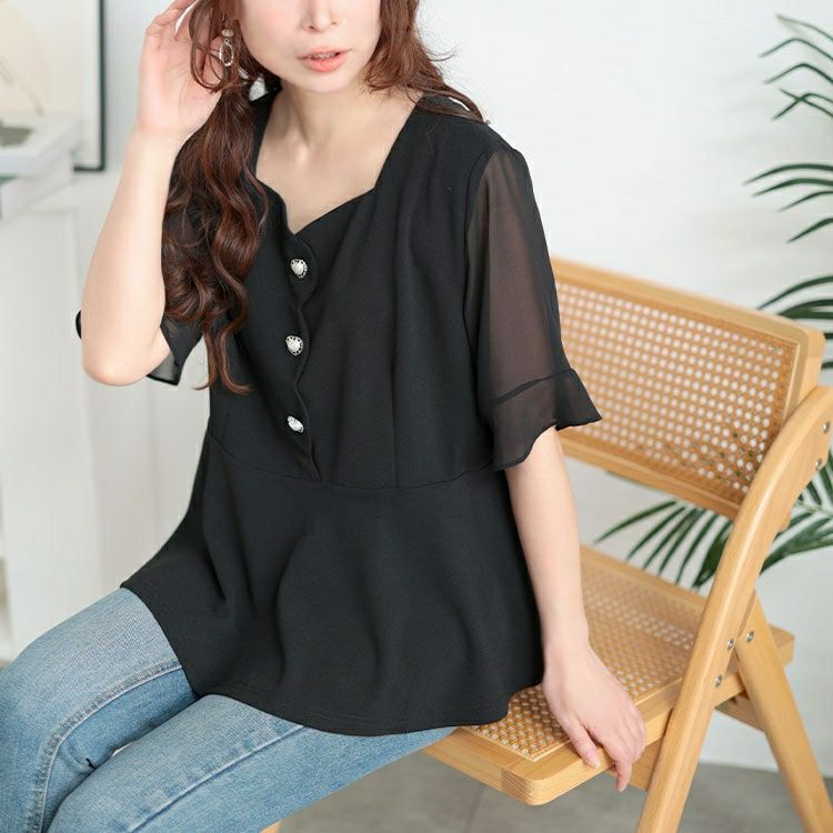 大きいサイズ レディース ハートネックパールボタンペプラムトップス　goldy-1662【メール便可】