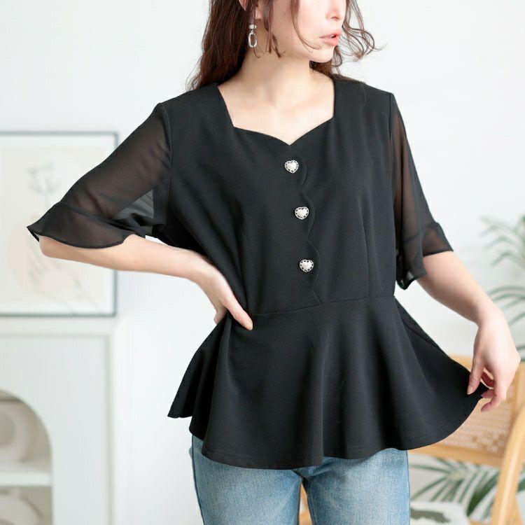 大きいサイズ レディース ハートネックパールボタンペプラムトップス　goldy-1662【メール便可】