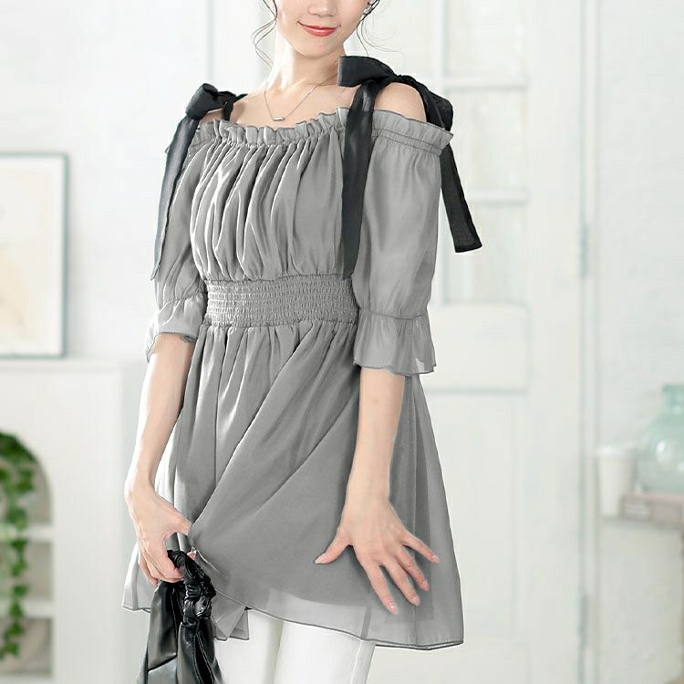 大きいサイズ レディース リボンオフショルペプラムチュニック　tana-351019