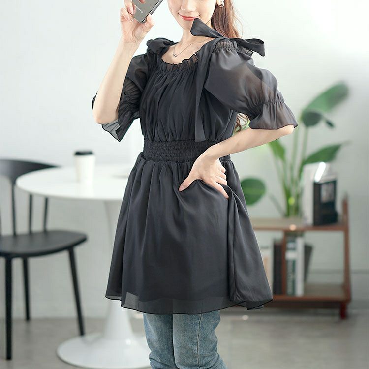 大きいサイズ レディース リボンオフショルペプラムチュニック　tana-351019