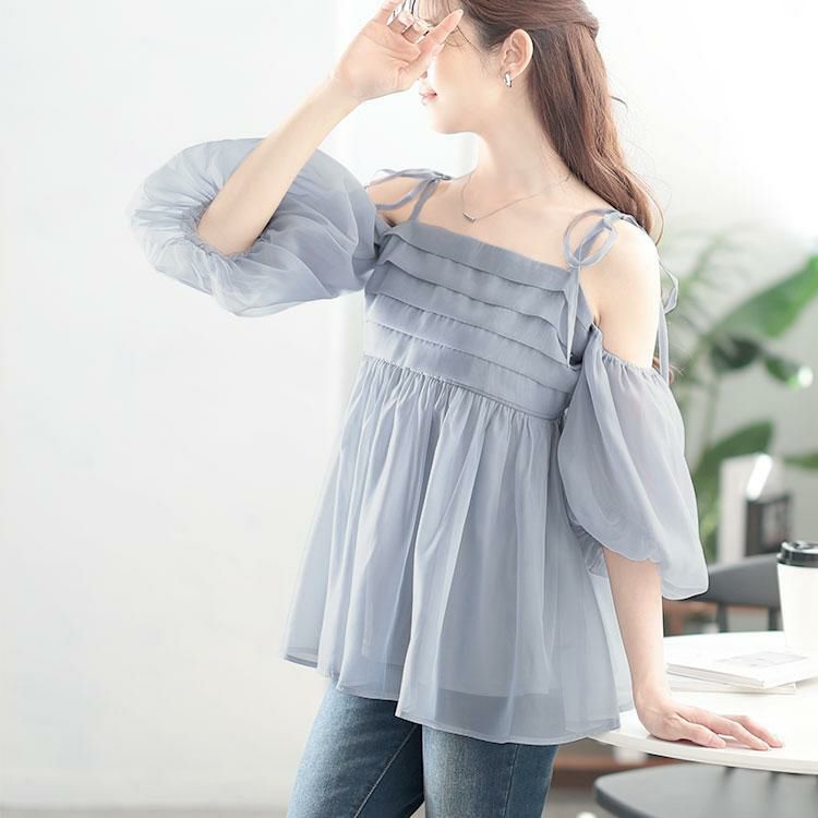 大きいサイズ レディース 袖取り外し2wayリボンキャミソール　tana-351022 ブルー