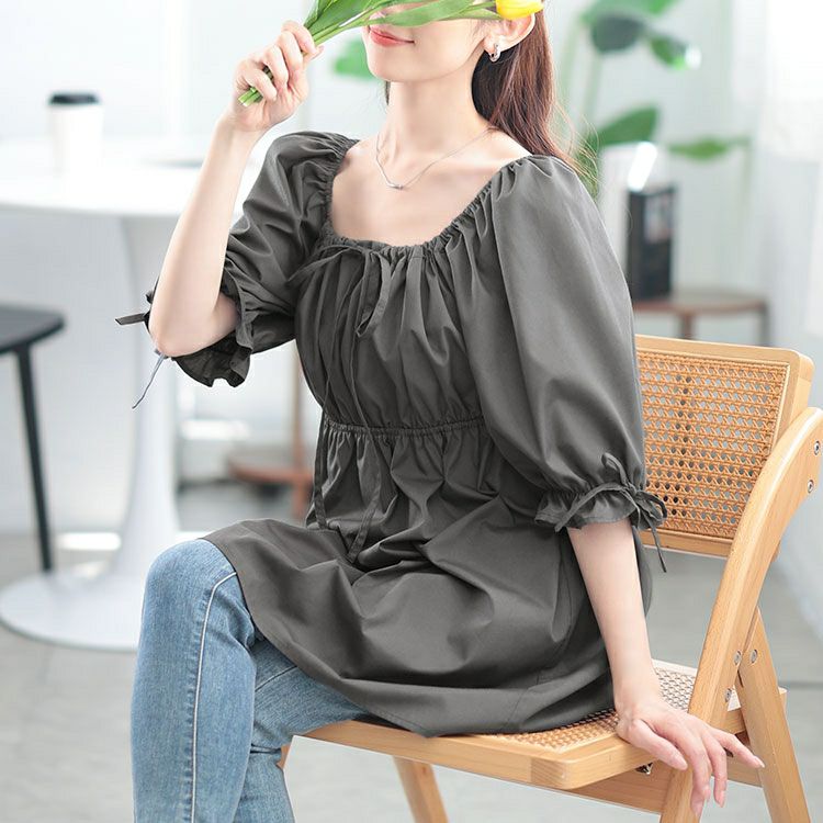 大きいサイズ レディース スクエアネックギャザーペプラムチュニック