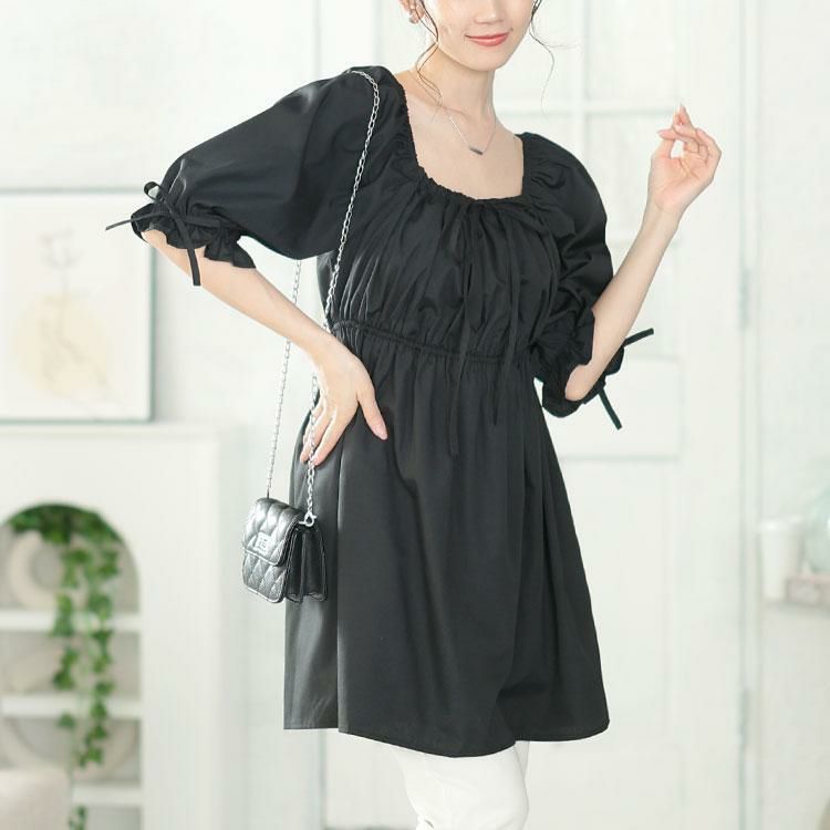 大きいサイズ レディース スクエアネックギャザーペプラムチュニック　tana-351021 ブラック