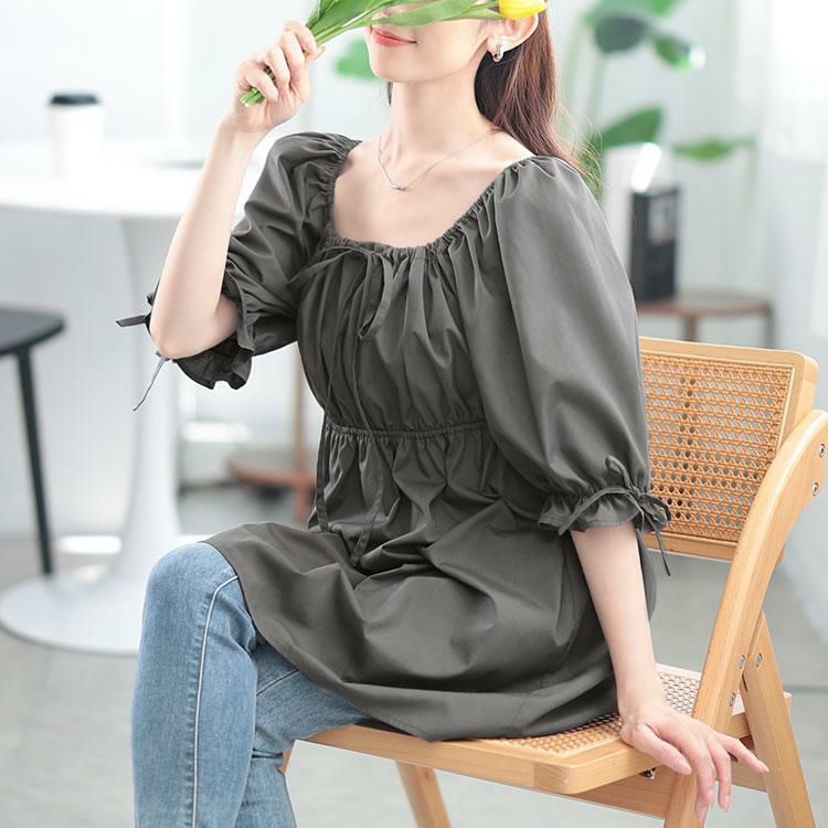 大きいサイズ レディース スクエアネックギャザーペプラムチュニック　tana-351021 グレー