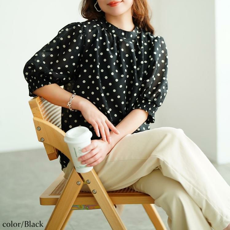 大きいサイズ レディース ドット柄バンドカラーパフスリーブブラウス