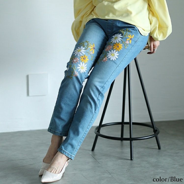 大きいサイズ レディース 花刺繍ストレッチスキニーデニム　wan-wd-0192s