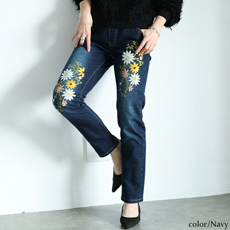 大きいサイズ レディース 花刺繍ストレッチスキニーデニム wan-wd