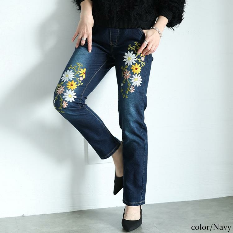大きいサイズ レディース 花刺繍ストレッチスキニーデニム wan-wd