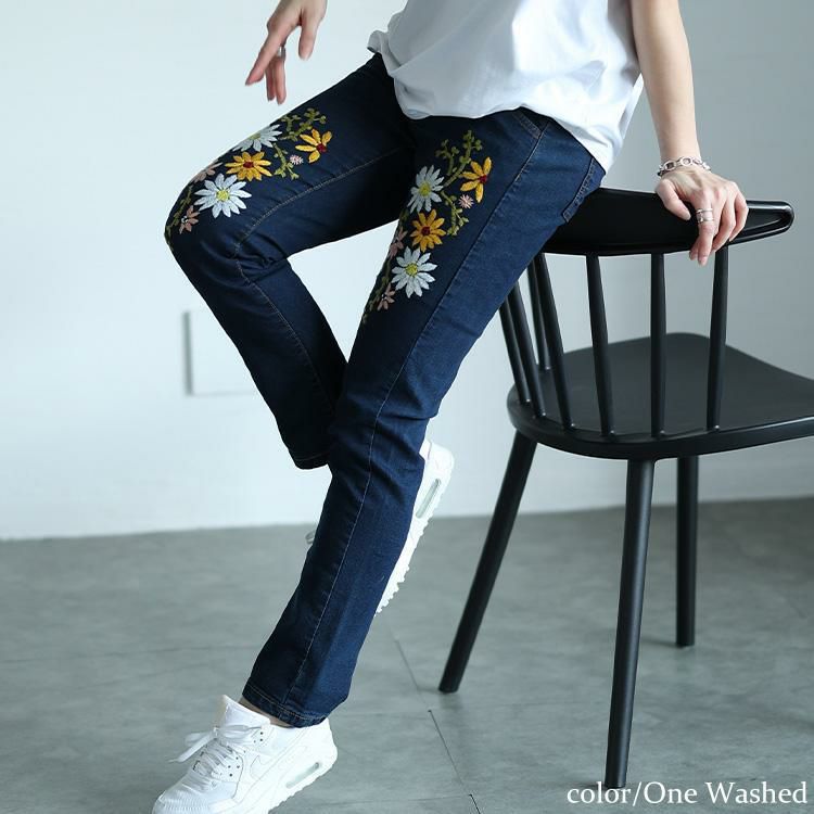 大きいサイズ レディース 花刺繍ストレッチスキニーデニム　wan-wd-0192s ワンウォッシュ