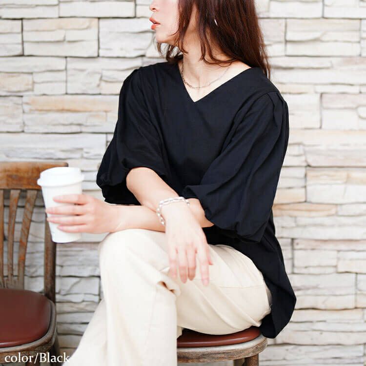 大きいサイズ レディース Vネックパフスリーブコットンカットソー　wk-0527