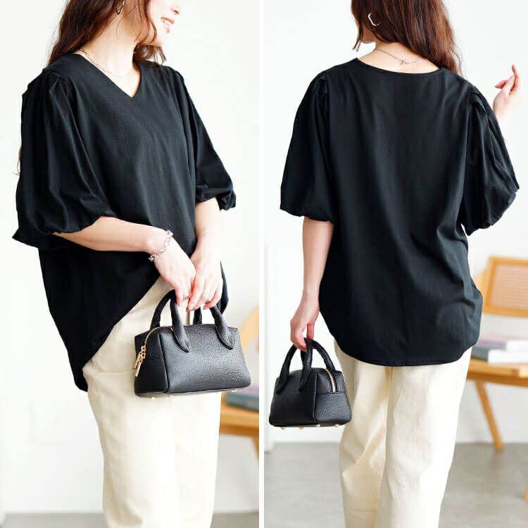 大きいサイズ レディース Vネックパフスリーブコットンカットソー　wk-0527