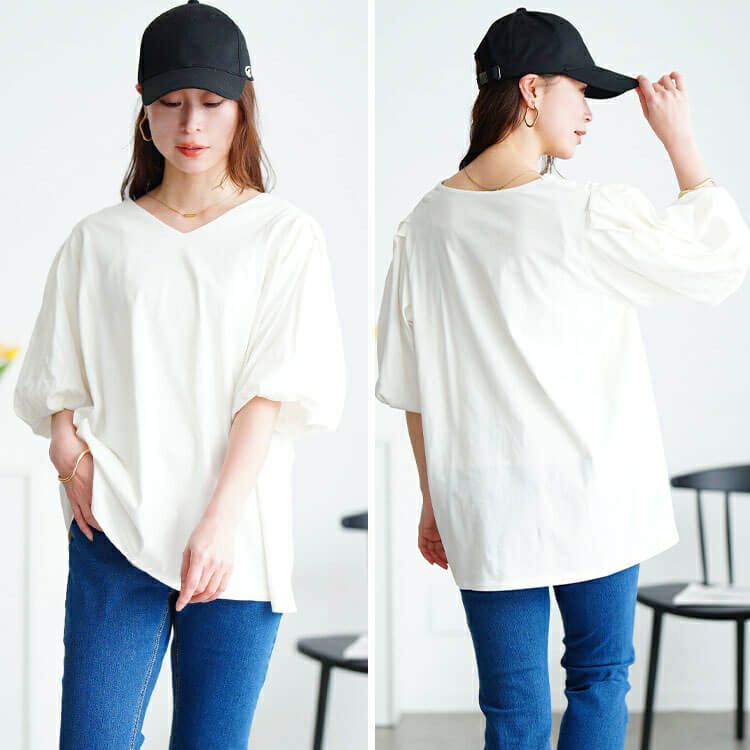 大きいサイズ レディース Vネックパフスリーブコットンカットソー　wk-0527