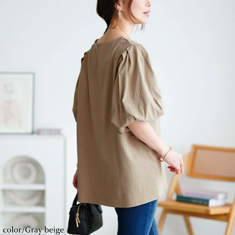 大きいサイズ レディース Vネックパフスリーブコットンカットソー　wk-0527