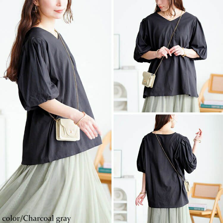 大きいサイズ レディース Vネックパフスリーブコットンカットソー　wk-0527