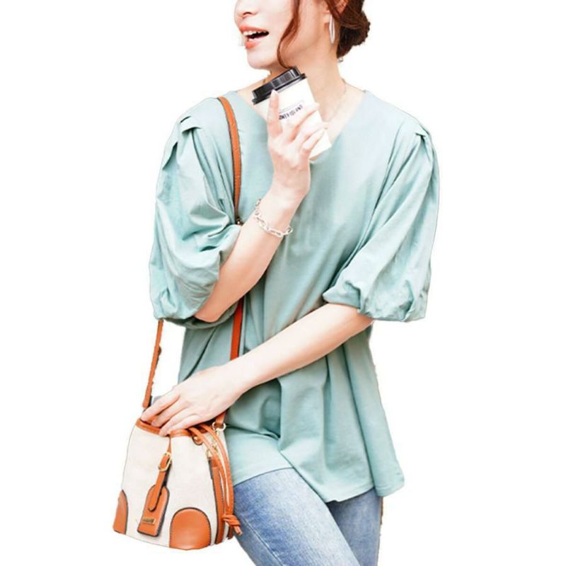 大きいサイズ レディース Vネックパフスリーブコットンカットソー　wk-0527 ミント