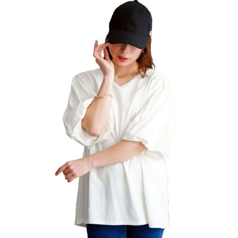 大きいサイズ レディース Vネックパフスリーブコットンカットソー　wk-0527 オフホワイト