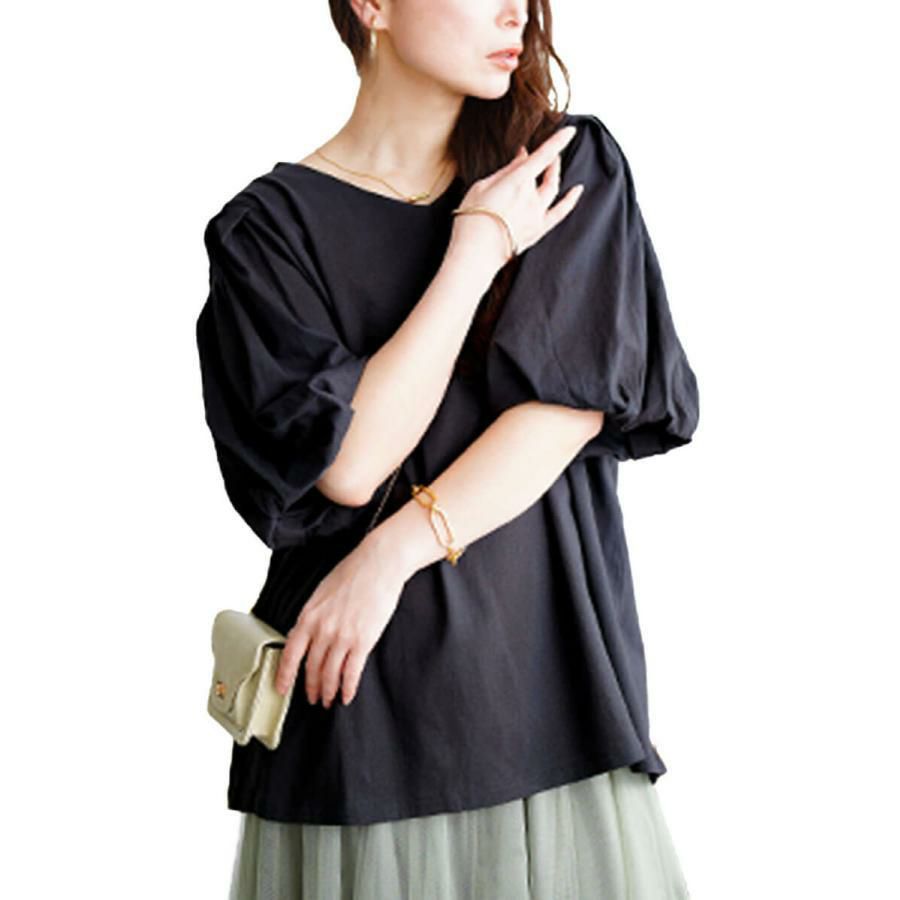 大きいサイズ レディース Vネックパフスリーブコットンカットソー　wk-0527 チャコールグレー