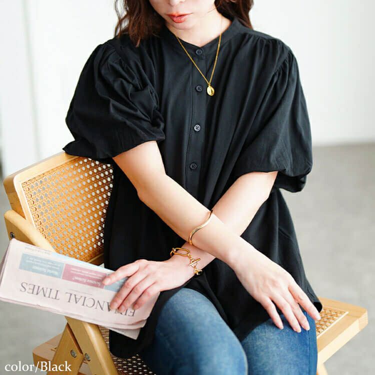 大きいサイズ レディース バンドカラーパフスリーブコットンカットソー　wk-0520【メール便可】