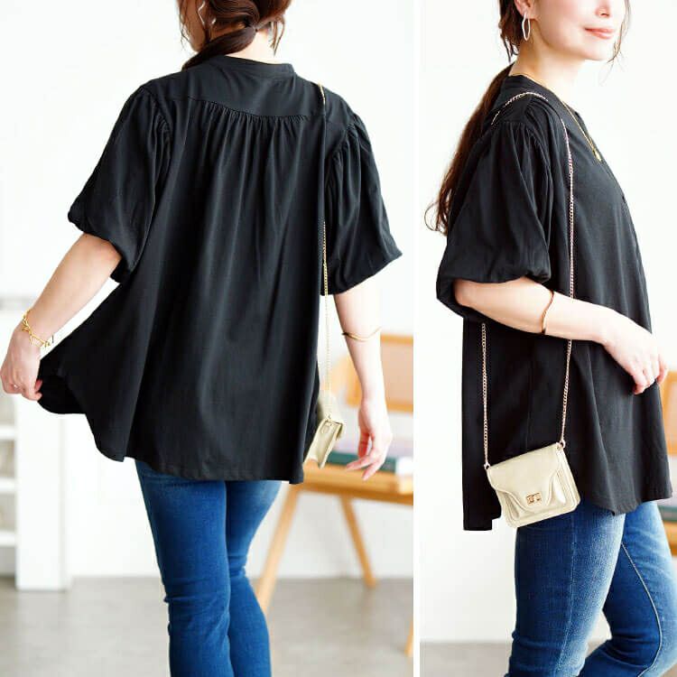 大きいサイズ レディース バンドカラーパフスリーブコットンカットソー　wk-0520【メール便可】