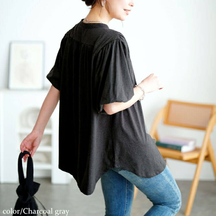 大きいサイズ レディース バンドカラーパフスリーブコットンカットソー　wk-0520【メール便可】