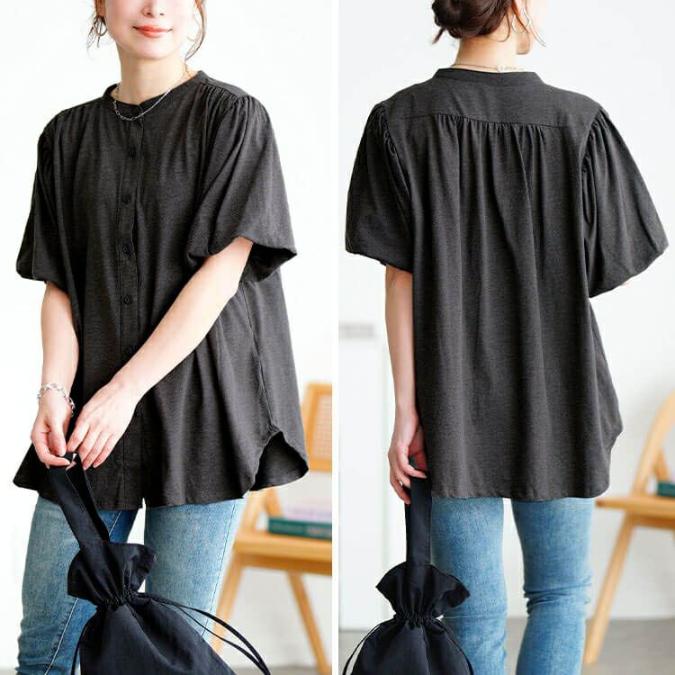 大きいサイズ レディース バンドカラーパフスリーブコットンカットソー　wk-0520【メール便可】