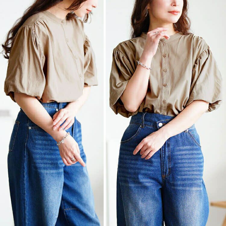 大きいサイズ レディース バンドカラーパフスリーブコットンカットソー　wk-0520【メール便可】