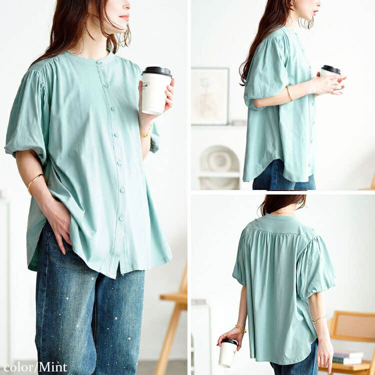 大きいサイズ レディース バンドカラーパフスリーブコットンカットソー　wk-0520【メール便可】