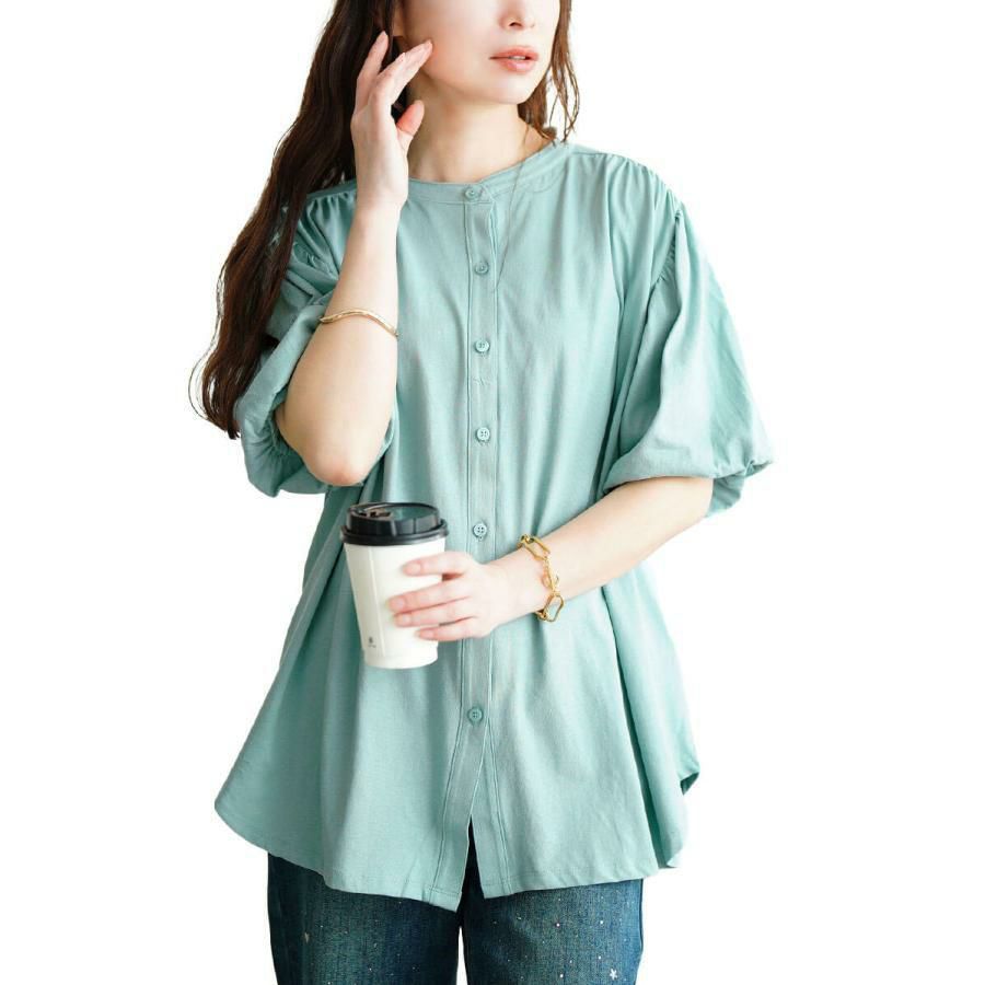 大きいサイズ レディース バンドカラーパフスリーブコットンカットソー　wk-0520【メール便可】 ミント