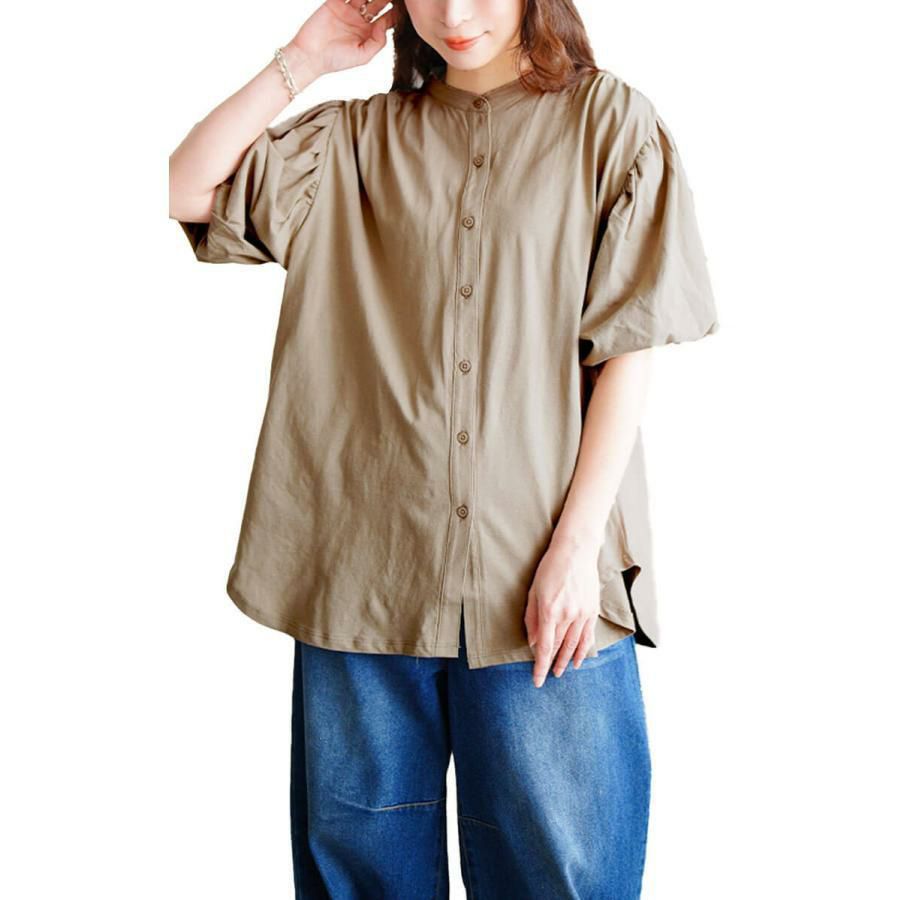 大きいサイズ レディース バンドカラーパフスリーブコットンカットソー　wk-0520【メール便可】 グレーベージュ