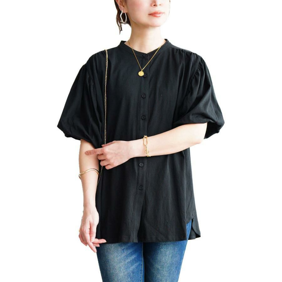 大きいサイズ レディース バンドカラーパフスリーブコットンカットソー　wk-0520【メール便可】 ブラック